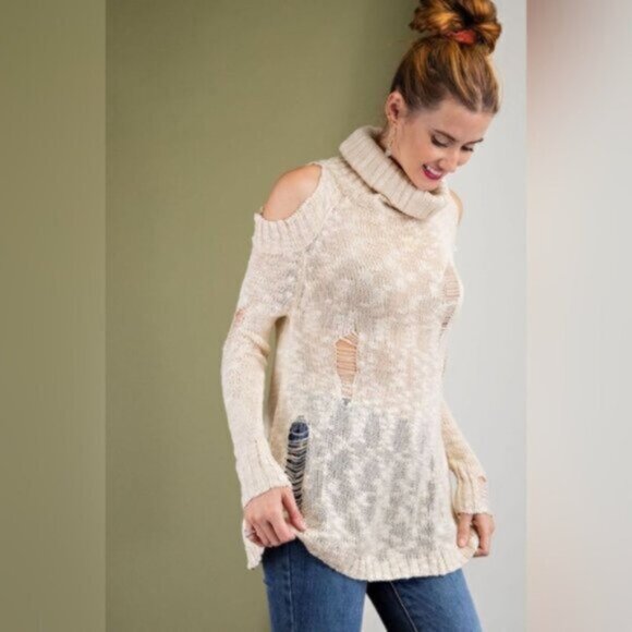 Easel | Bethany Distressed Destructed Cold Shoulder Sweater Tunic Cream Medium - Picture 8 of 14